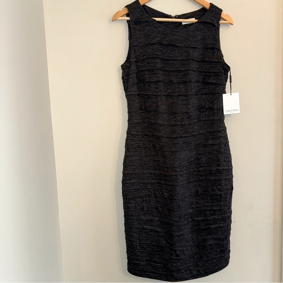 NWT Calvin Klein Womens Sleeveless Charcoal Gray Ruffle Layer Sheath Dress 10 - Picture 1 of 13